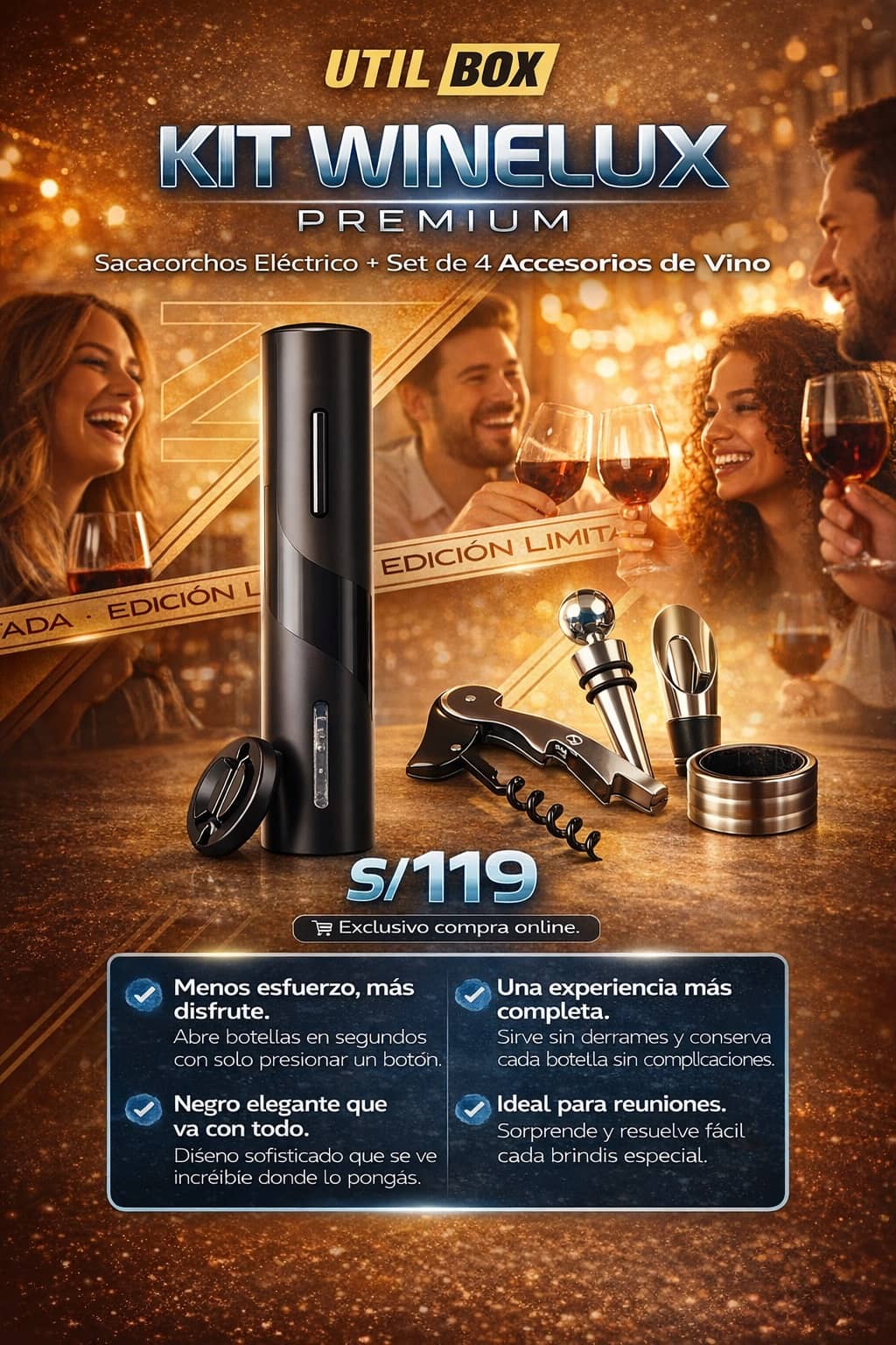 Sacacorchos Eléctrico + Set de 4 Accesorios de Vino